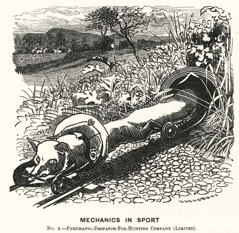 Punch cartoon: Mechanica in de sport. Nr. 4 - Pneumatische verzending vossenjachtbedrijf (Beperkt) door Edward Linley (after) Sambourne