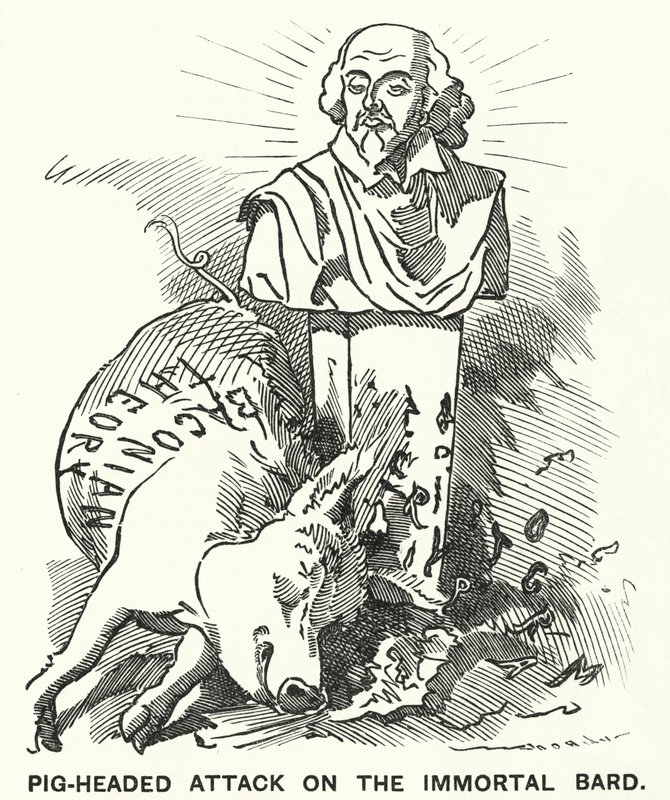 Punch cartoon: Koppige aanval op de onsterfelijke bard - de theorie dat de toneelstukken van William Shakespeare eigenlijk geschreven zijn door Sir Francis Bacon (gravure) door Edward Linley (after) Sambourne