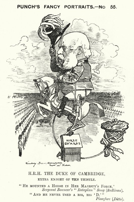 Punch cartoon: Prins George, Hertog van Cambridge, Britse soldaat door Edward Linley (after) Sambourne