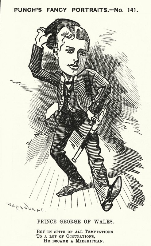 Punch cartoon: Prins George van Wales, de toekomstige koning George V, als adelborst in de Koninklijke Marine (gravure) door Edward Linley (after) Sambourne