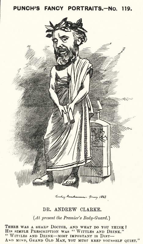 Punch cartoon: Sir Andrew Clarke, Britse arts, arts van William Ewart Gladstone (gravure) door Edward Linley (after) Sambourne