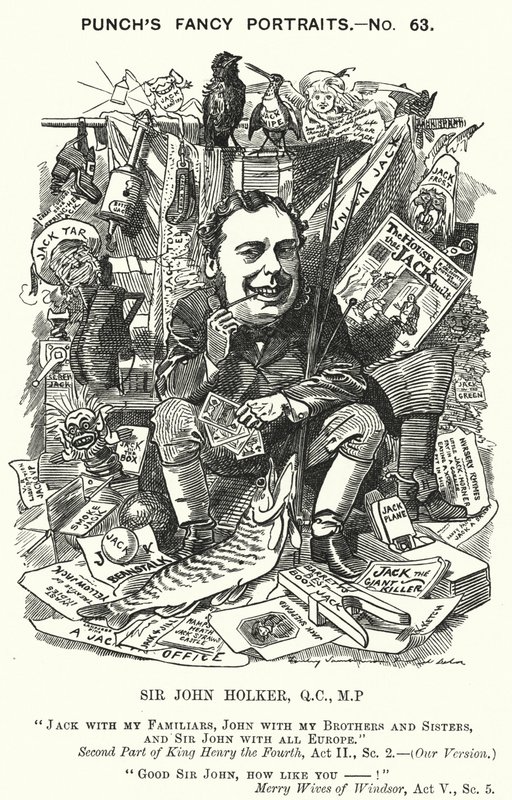 Punch cartoon: Sir John Holker, Engelse advocaat en politicus door Edward Linley (after) Sambourne