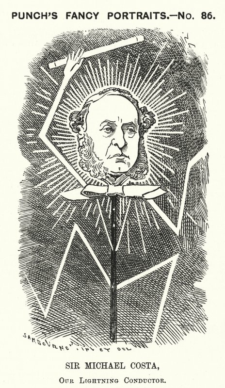 Punch cartoon: Sir Michael Costa, in Italië geboren Engelse dirigent (gravure) door Edward Linley (after) Sambourne