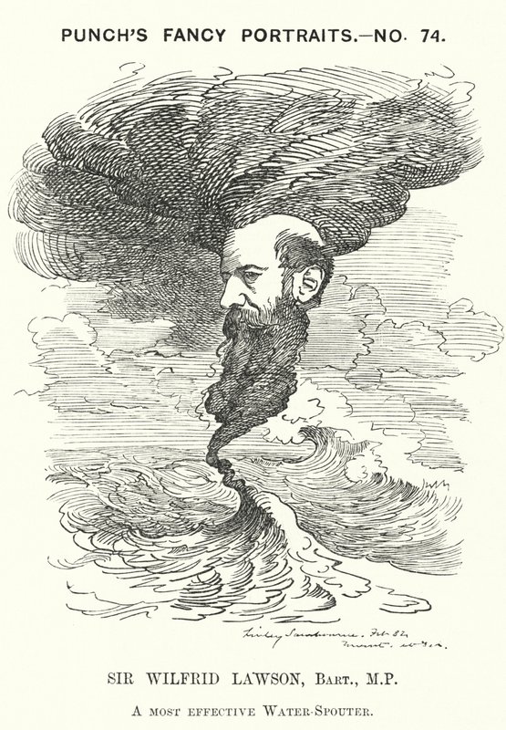 Punch cartoon: Sir Wilfrid Lawson, Engelse radicale liberale politicus en geheelonthouder (gravure) door Edward Linley (after) Sambourne