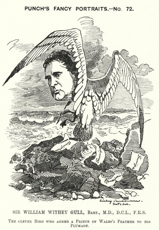 Punch cartoon: Sir William Withey Gull, Engelse arts die de Prins van Wales behandelde voor tyfus en werd arts in gewone dienst van koningin Victoria door Edward Linley (after) Sambourne