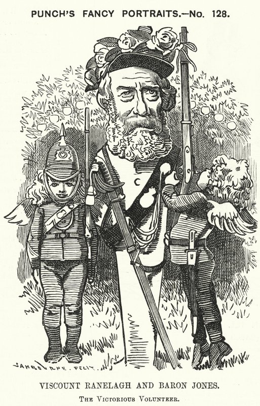 Punch cartoon: Thomas Heron Jones, 7e Burggraaf Ranelagh en Baron Jones van Navan, promotor van de vrijwilligersbeweging voor het Britse leger door Edward Linley (after) Sambourne