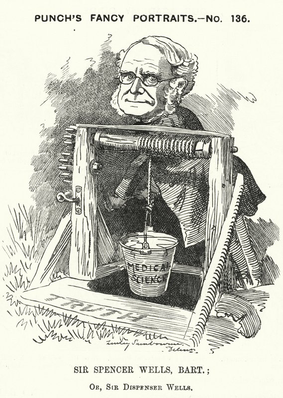 Punch cartoon: Thomas Spencer Wells, Engelse arts, chirurg van koningin Victoria (gravure) door Edward Linley (after) Sambourne