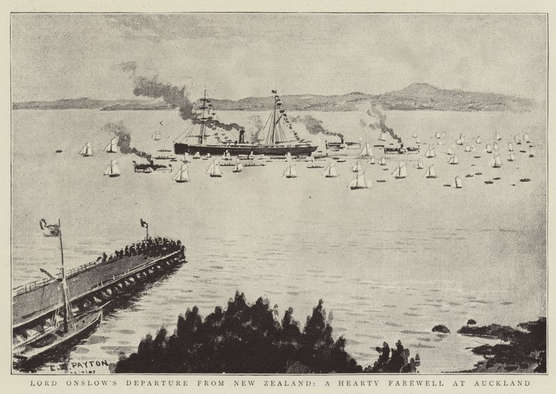 Vertrek van Lord Onslow uit Nieuw-Zeeland, een hartelijk afscheid in Auckland door Edward Payton