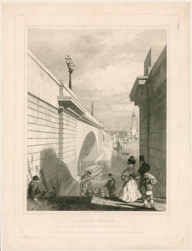 Nieuwe London Bridge vanaf de bovenste landing van de trappen bij Tooley Street door Edward William Cooke