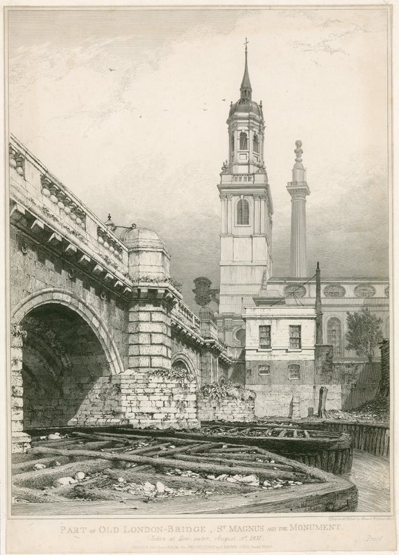 Deel van de Oude Londen Brug, St Magnus en het Monument door Edward William Cooke