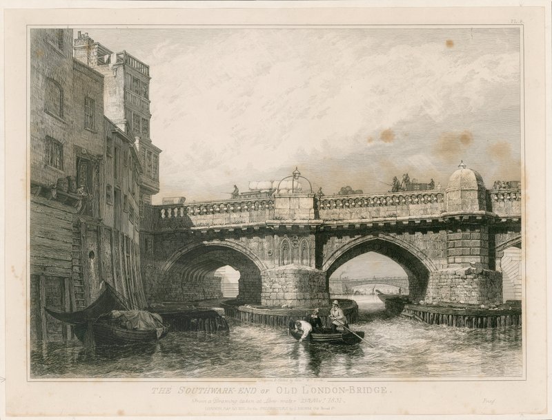 Het Southwark Einde van de Oude London Bridge door Edward William Cooke