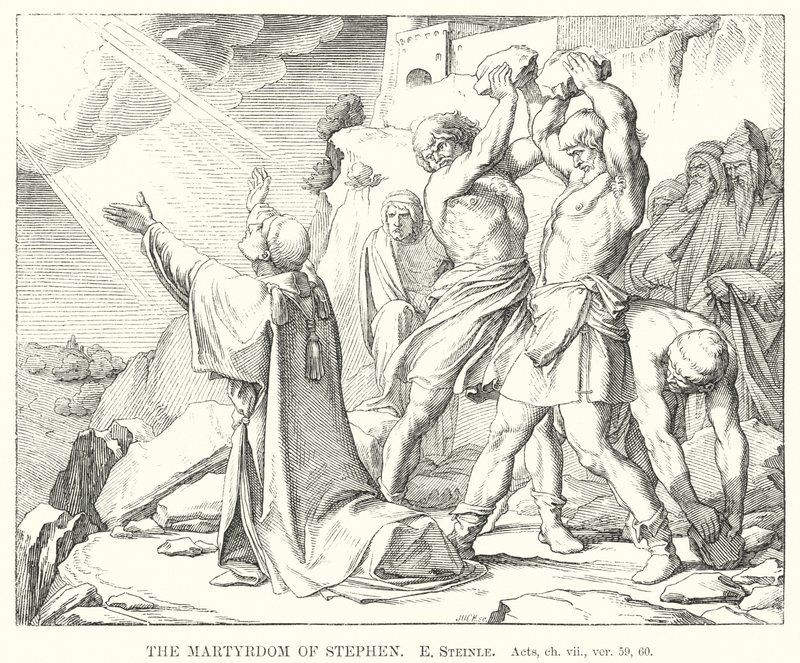 De marteldood van Stefanus, Handelingen, hoofdstuk vii, vers 59, 60 door Edward von Steinle