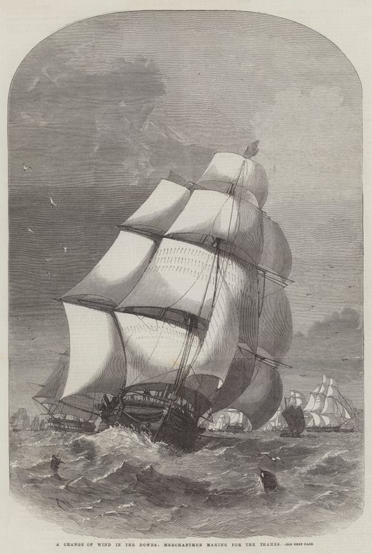 Een verandering van wind in de Downs, koopvaardijschepen op weg naar de Theems door Edwin Weedon
