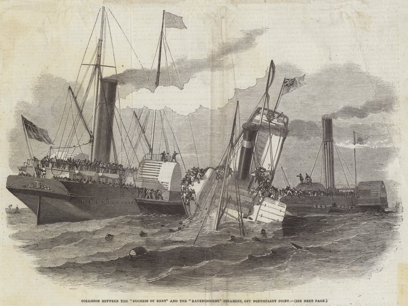 Botsing tussen de Hertogin van Kent en de Ravensbourne Stoomschepen, bij Northfleet Point door Edwin Weedon