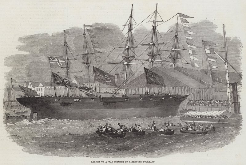 Lancering van een oorlogsstoomboot in Limehouse Dockyard door Edwin Weedon