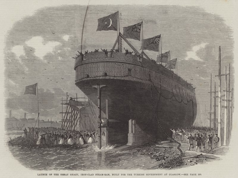 Lancering van de Osman Ghazy, IJzeren Stoomram, gebouwd voor de Turkse regering in Glasgow door Edwin Weedon