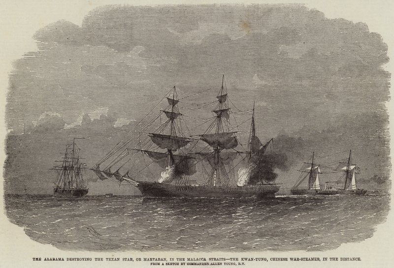 De Alabama vernietigt de Texan Star, of Martaban, in de Straat van Malakka, de Kwan-Tung, Chinese Oorlogs-stoomboot, in de Verte door Edwin Weedon