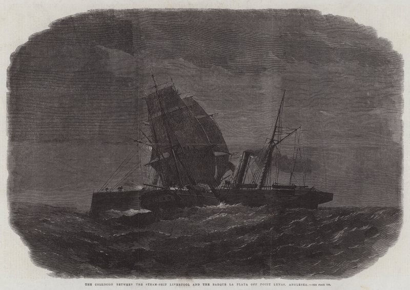De botsing tussen het stoomschip Liverpool en de bark La Plata bij Point Lynas, Anglesea door Edwin Weedon