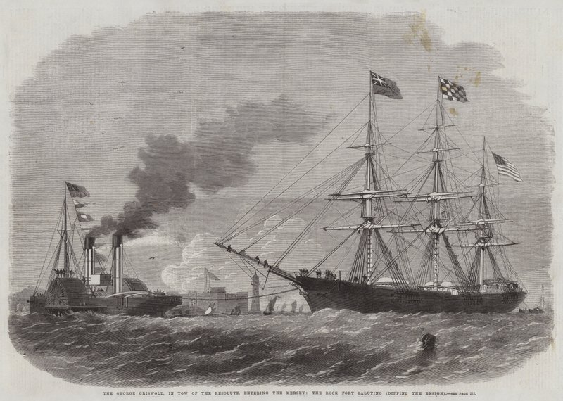 De George Griswold, gesleept door de Resolute, de Mersey binnenkomend, het Rock Fort saluerend, de vlag strijkend door Edwin Weedon