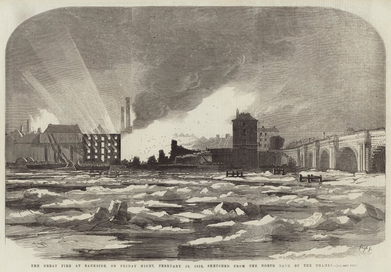 De grote brand bij Bankside, op vrijdagavond 16 februari 1855, geschetst vanaf de noordelijke oever van de Theems door Edwin Weedon