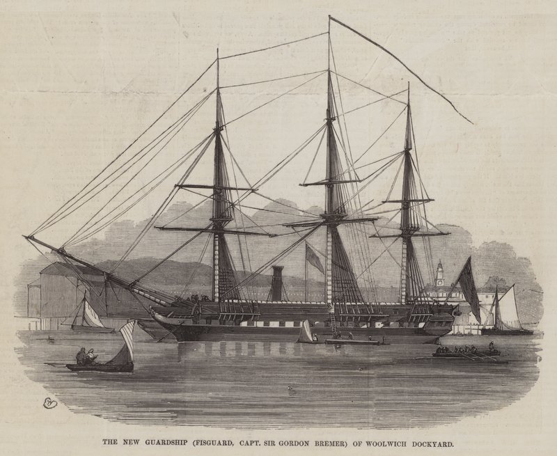 Het Nieuwe Wachtschip (Fisguard, Kapitein Sir Gordon Bremer) van de Woolwich Werf door Edwin Weedon