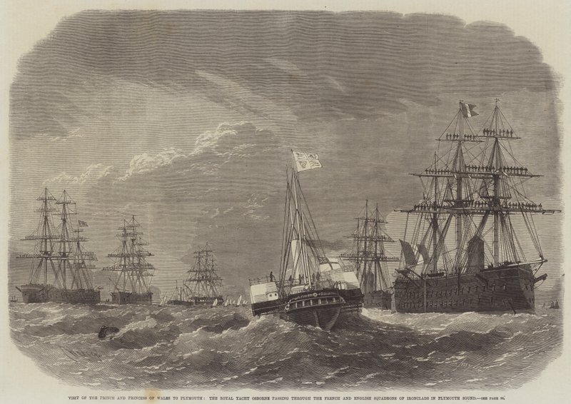 Bezoek van de Prins en Prinses van Wales aan Plymouth, het Koninklijk Jacht Osborne passeert de Franse en Engelse Eskaders van IJzerenclads in Plymouth Sound door Edwin Weedon