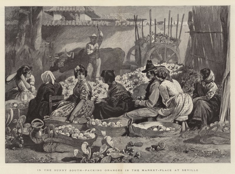 In het Zonnige Zuiden, sinaasappels inpakken op de Markt in Sevilla door Edwin Buckman