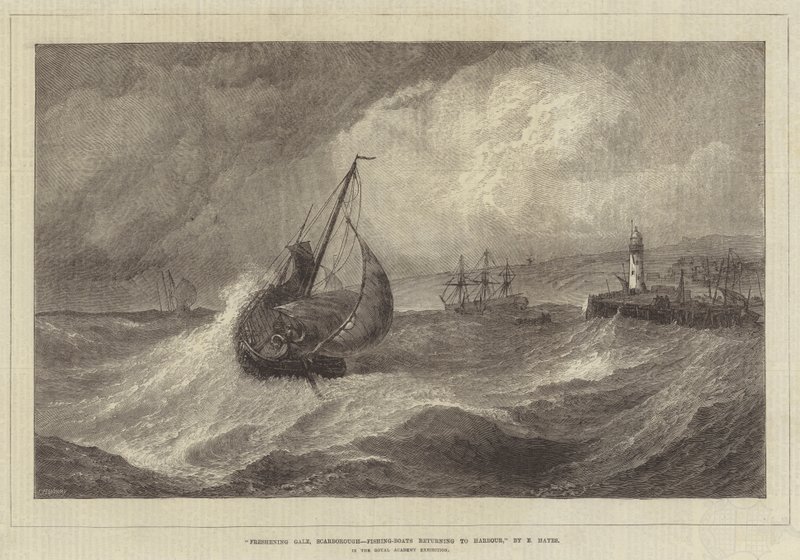 Frisse Bries, Scarborough, Vissersboten keren terug naar de Haven, in de Royal Academy Tentoonstelling door Edwin Hayes