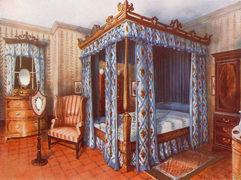 Een Hepplewhite Slaapkamer. Chintz-Gordijnen Ingelegd Satijnhouten Bed. Ingelegde Satijnhouten Kaptafel en Mahoniehouten Kast door Edwin John Foley