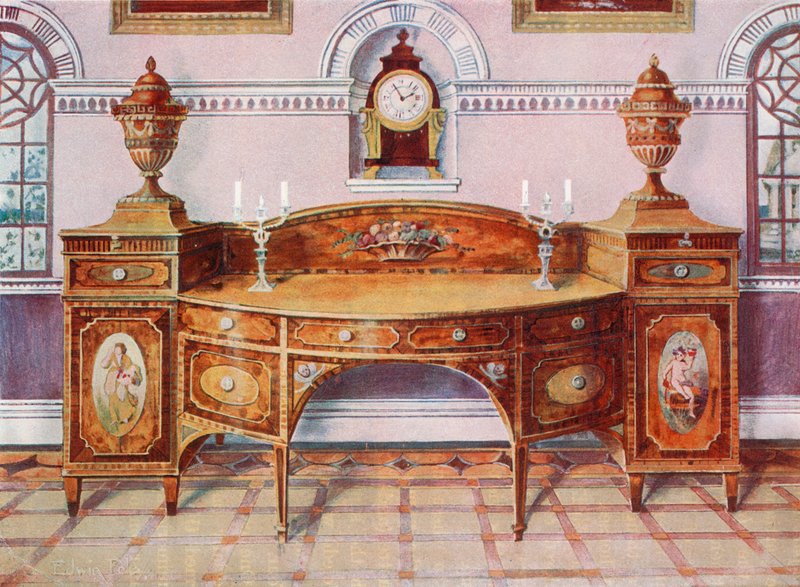 Geschilderd en ingelegd satijnen dressoir. Mahonie beugelklok door Edwin John Foley