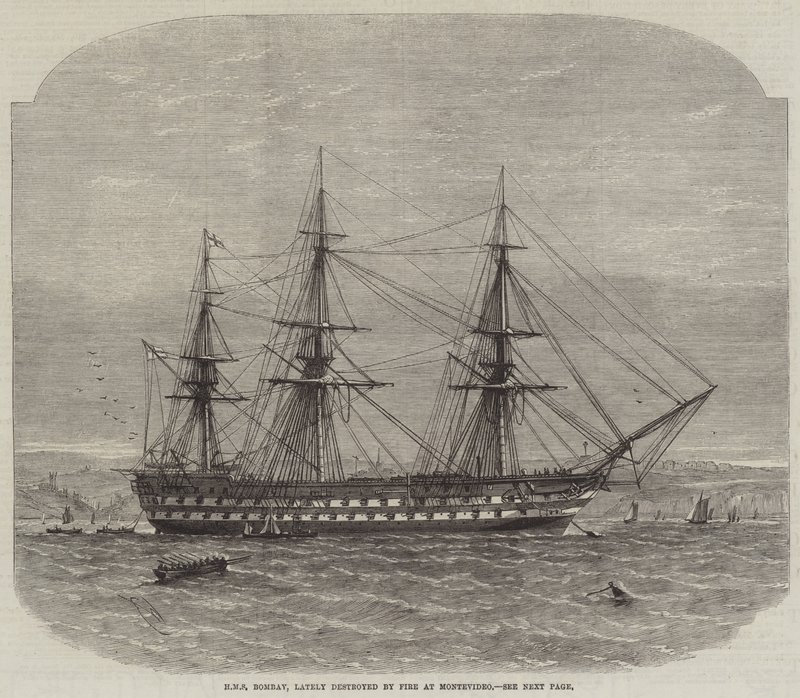 HMS Bombay, onlangs vernietigd door Brand in Montevideo door Edwin Weedon