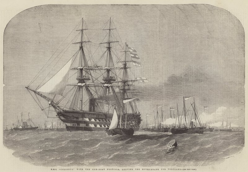 HMS Colossus, met de Kanonneerboot Flotilla, vertrekkend van de Motherbank naar Portland door Edwin Weedon