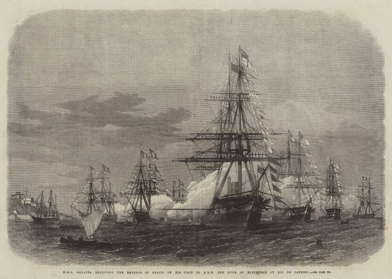 HMS Galatea ontvangt de Keizer van Brazilië tijdens zijn bezoek aan ZKH de Hertog van Edinburgh in Rio de Janeiro door Edwin Weedon