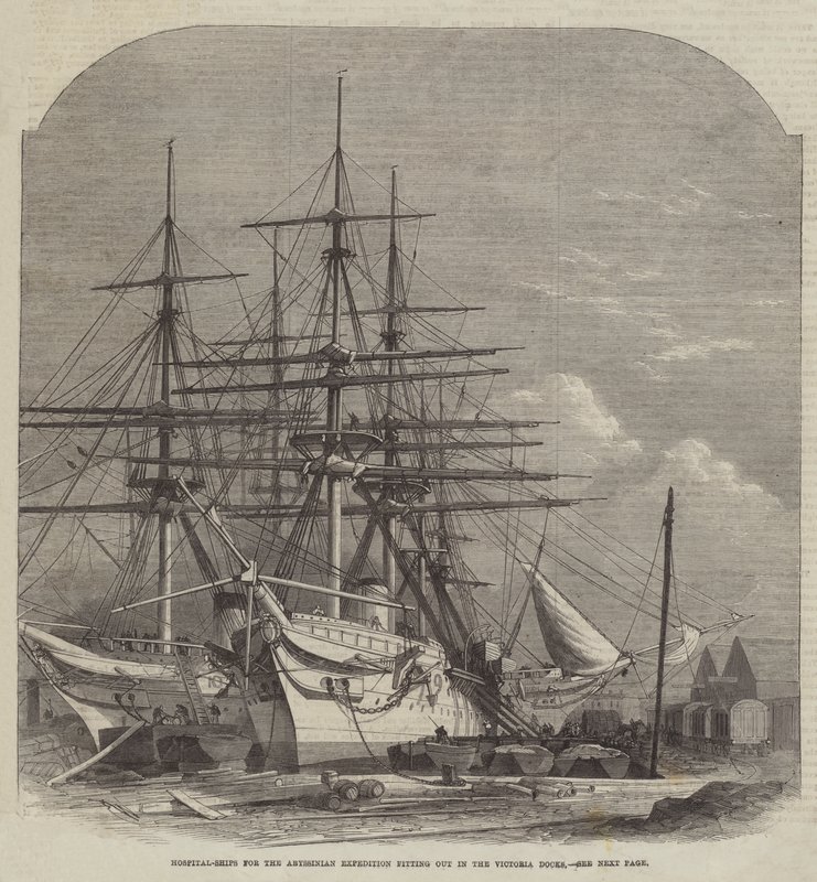 Hospitaalschepen voor de Abessijnse Expeditie uitgerust in de Victoria Docks door Edwin Weedon