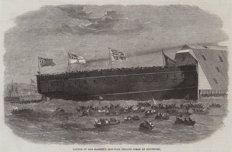 Te Water Laten van Hare Majesteits IJzeren Fregat Ocean in Devonport door Edwin Weedon