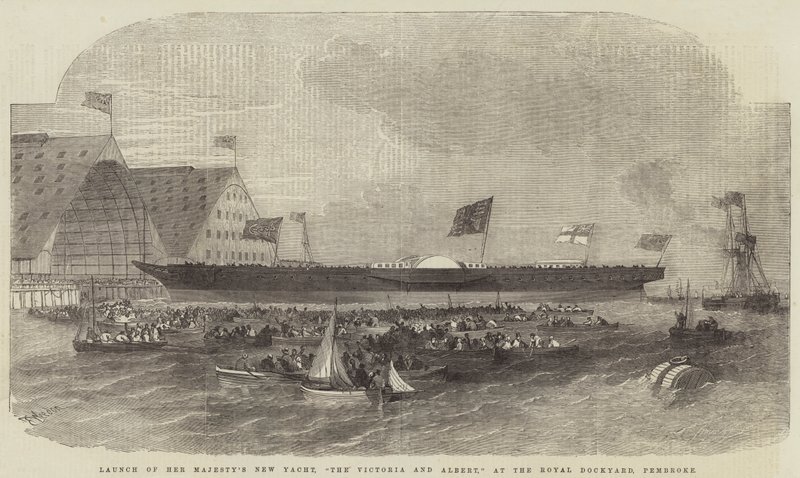 Te water laten van Hare Majesteits Nieuwe Jacht, De Victoria en Albert, bij de Koninklijke Scheepswerf, Pembroke door Edwin Weedon