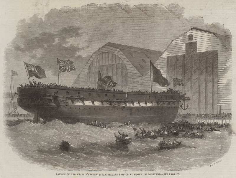 Lancering van Hare Majesteits schroefstoomfregat Bristol in de scheepswerf van Woolwich door Edwin Weedon