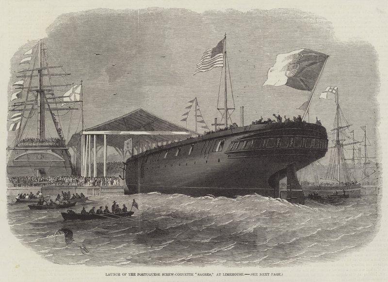 Te water laten van de Portugese Schroefkorvet Sagres, in Limehouse door Edwin Weedon