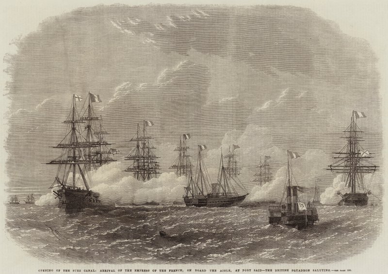 Opening van het Suezkanaal, Aankomst van de Keizerin van Frankrijk, aan boord van de Aigle, in Port Said, het Britse Eskader groetend door Edwin Weedon