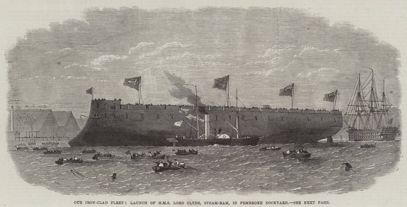 Onze gepantserde vloot, tewaterlating van HMS Lord Clyde, stoomram, in Pembroke Dockyard door Edwin Weedon