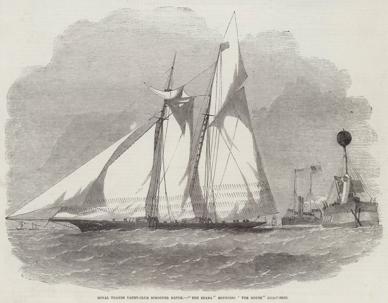 Royal Thames Yacht-Club Schooner Match, De Haai rond de Mouse Light-Ship door Edwin Weedon