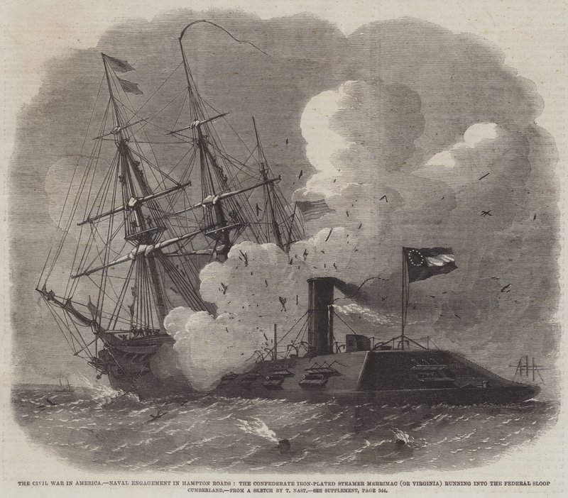 De Burgeroorlog in Amerika, Zeeslag in Hampton Roads, de Geconfedereerde IJzeren Stoomboot Merrimac (of Virginia) botst tegen de Federale Sloep Cumberland door Edwin Weedon