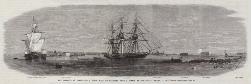 De ingang van de haven van Charleston, met zijn verdedigingswerken door Edwin Weedon