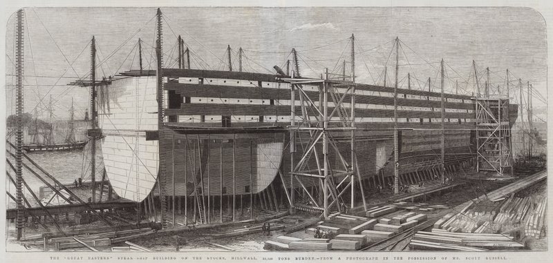 De bouw van het stoomschip Great Eastern op de stocks, Millwall, 22.500 ton door Edwin Weedon