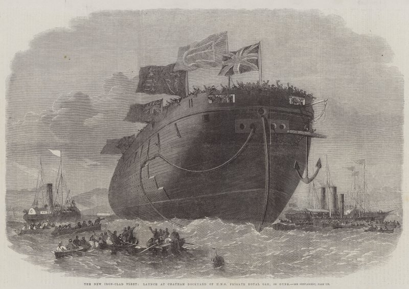 De nieuwe ijzeren vloot, lancering bij Chatham Dockyard van HMS Fregat Royal Oak, 50 kanonnen door Edwin Weedon