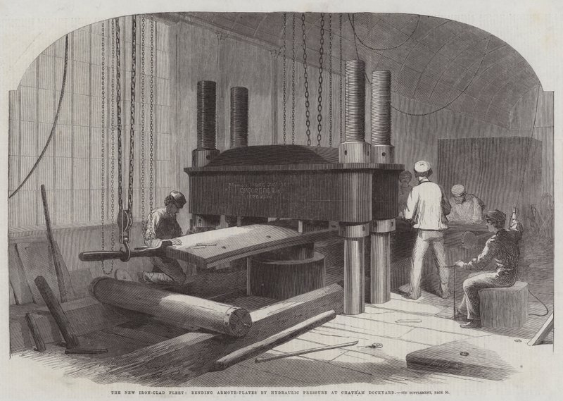 De nieuwe ijzeren vloot, bepantseringsplaten buigen door hydraulische druk in Chatham Dockyard door Edwin Weedon