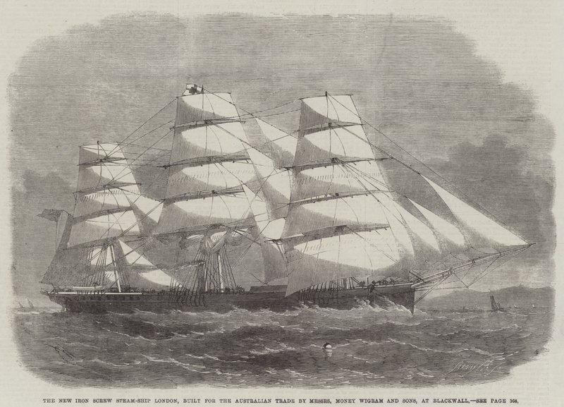 Het nieuwe ijzeren schroefstoomschip Londen, gebouwd voor de Australische handel door Messers Money Wigram en Sons, in Blackwall door Edwin Weedon