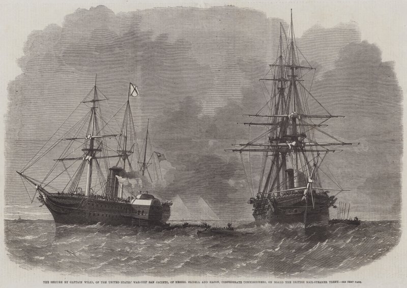 De Inbeslagname door Kapitein Wilks, van het Amerikaanse Oorlogsschip San Jacinto, van de Heren Slidell en Mason, Geconfedereerde Commissarissen, aan Boord van de Britse Poststoomboot Trent door Edwin Weedon