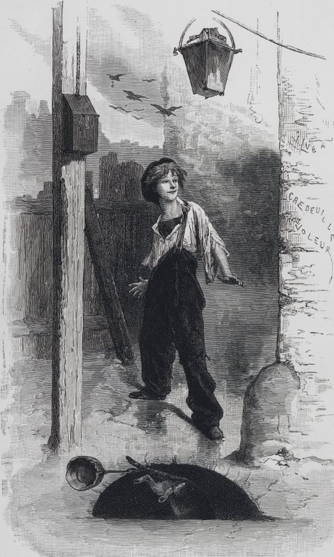 Scène uit Les Miserables, door Victor Hugo: Gavroche door Emile Antoine (after) Bayard