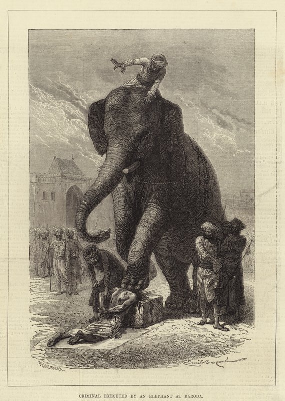 Crimineel geëxecuteerd door een olifant in Baroda door Emile Antoine Bayard